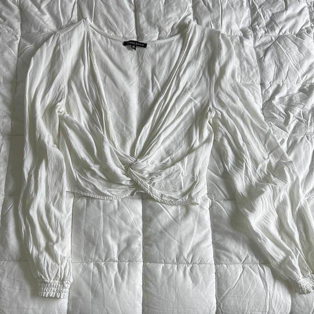 Kendall & Kylie White Wrap Ruched Long Sleeve Blouse